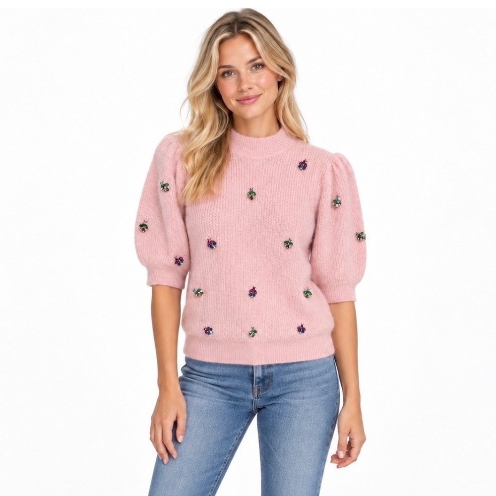 Boden Pink Embellished Beetle Jewel Puff Sleeve Alpaca Wool Sweater XS K0701